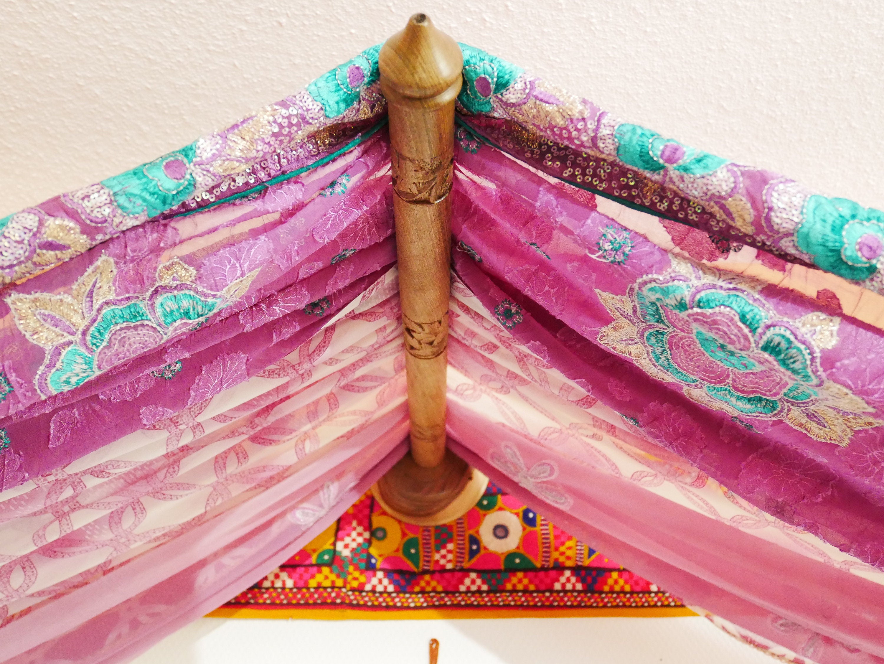 Saree canopy frame with handcrafted walnut wood rods | Boho bed canopy - The Shanti Home