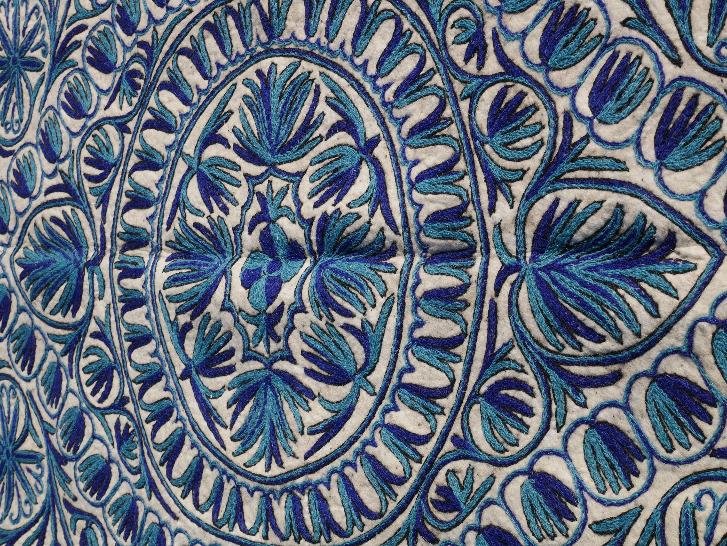 Wool rug Kashmiri "Namda" 6x4 | blue and white hand felted and embroidered area rug - The Shanti Home