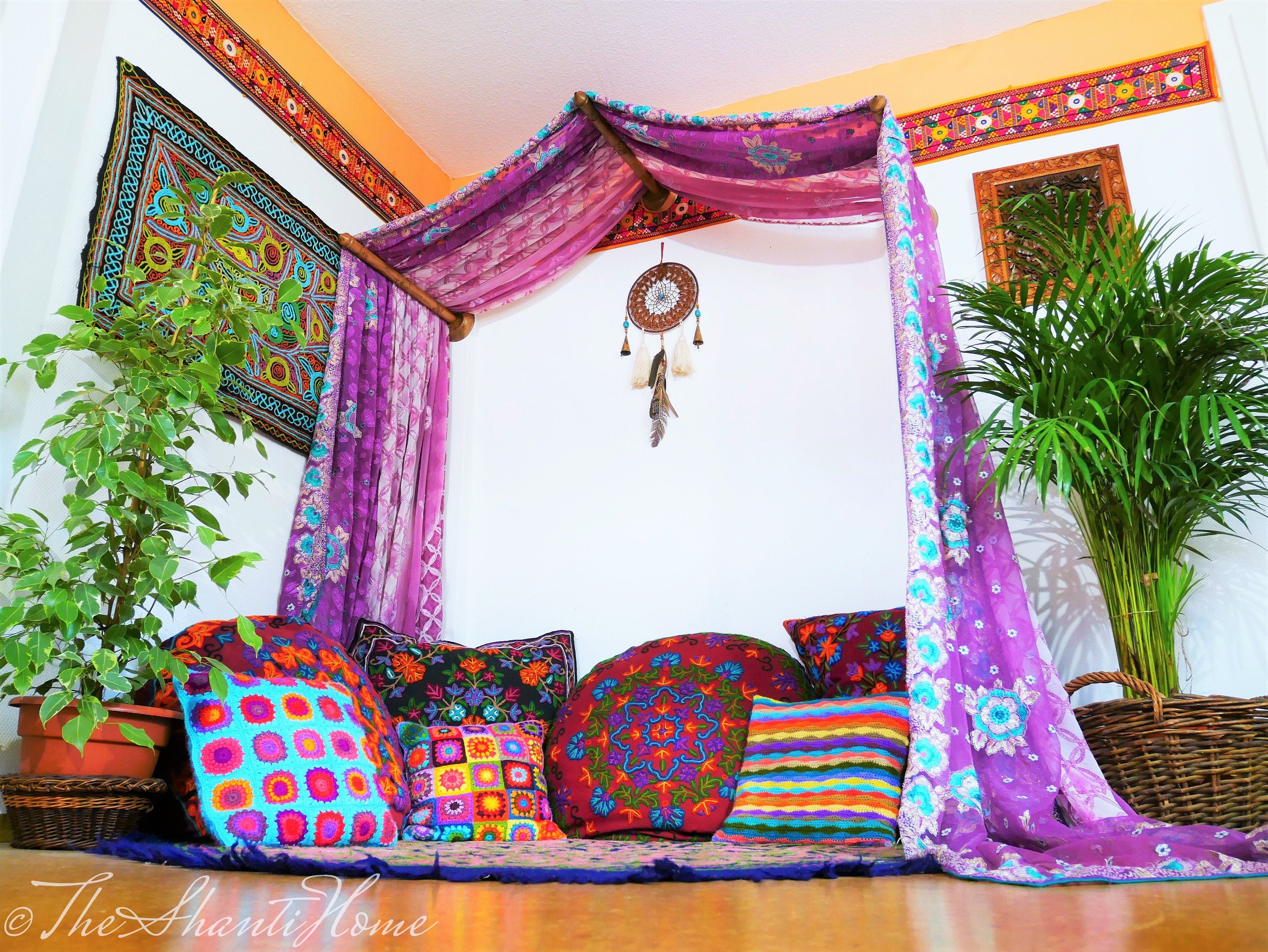 Saree canopy frame with handcrafted walnut wood rods | Boho bed canopy - The Shanti Home