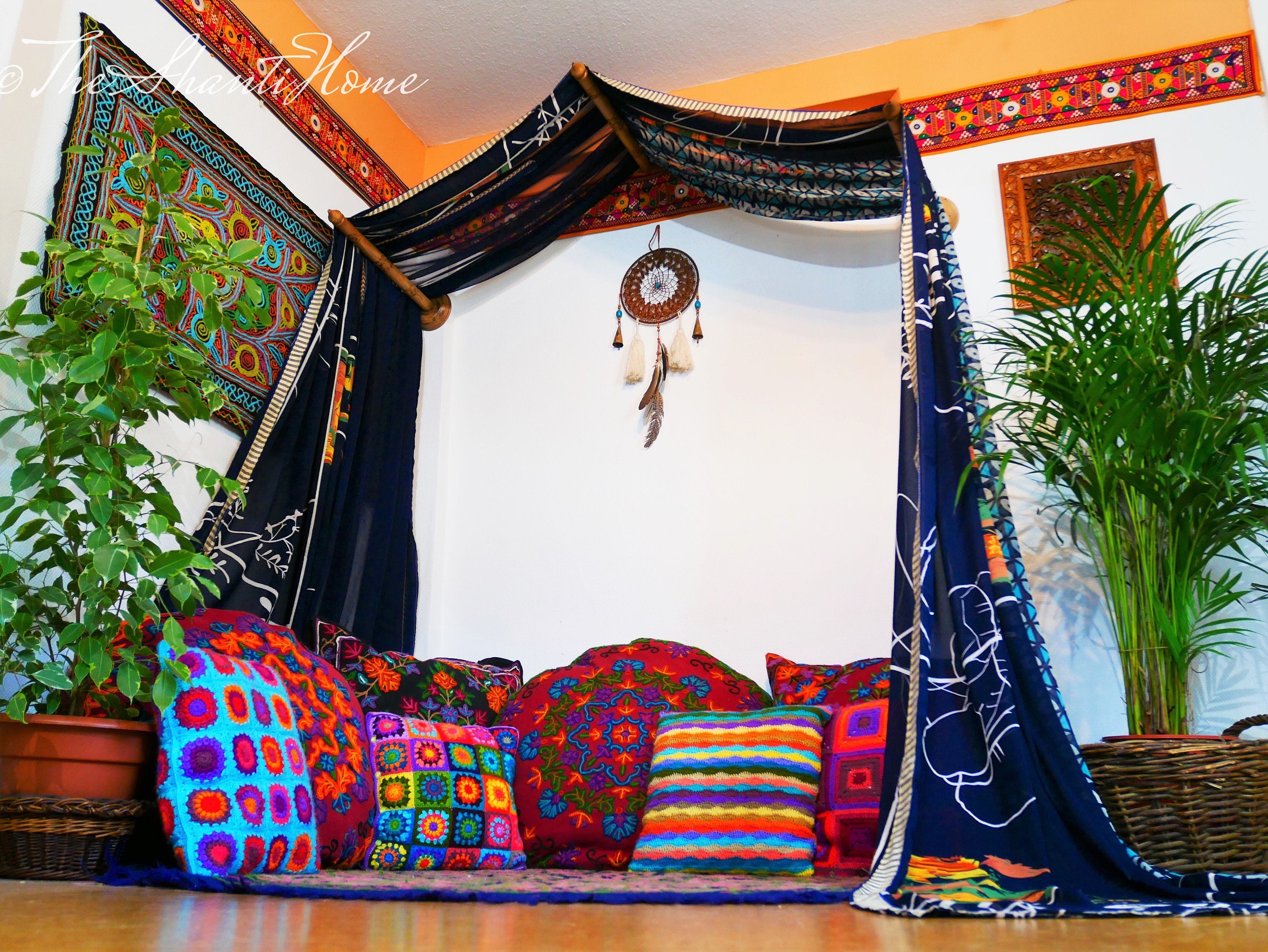 Saree Bed canopy - dark blue - with handcrafted walnut wood rods - The Shanti Home