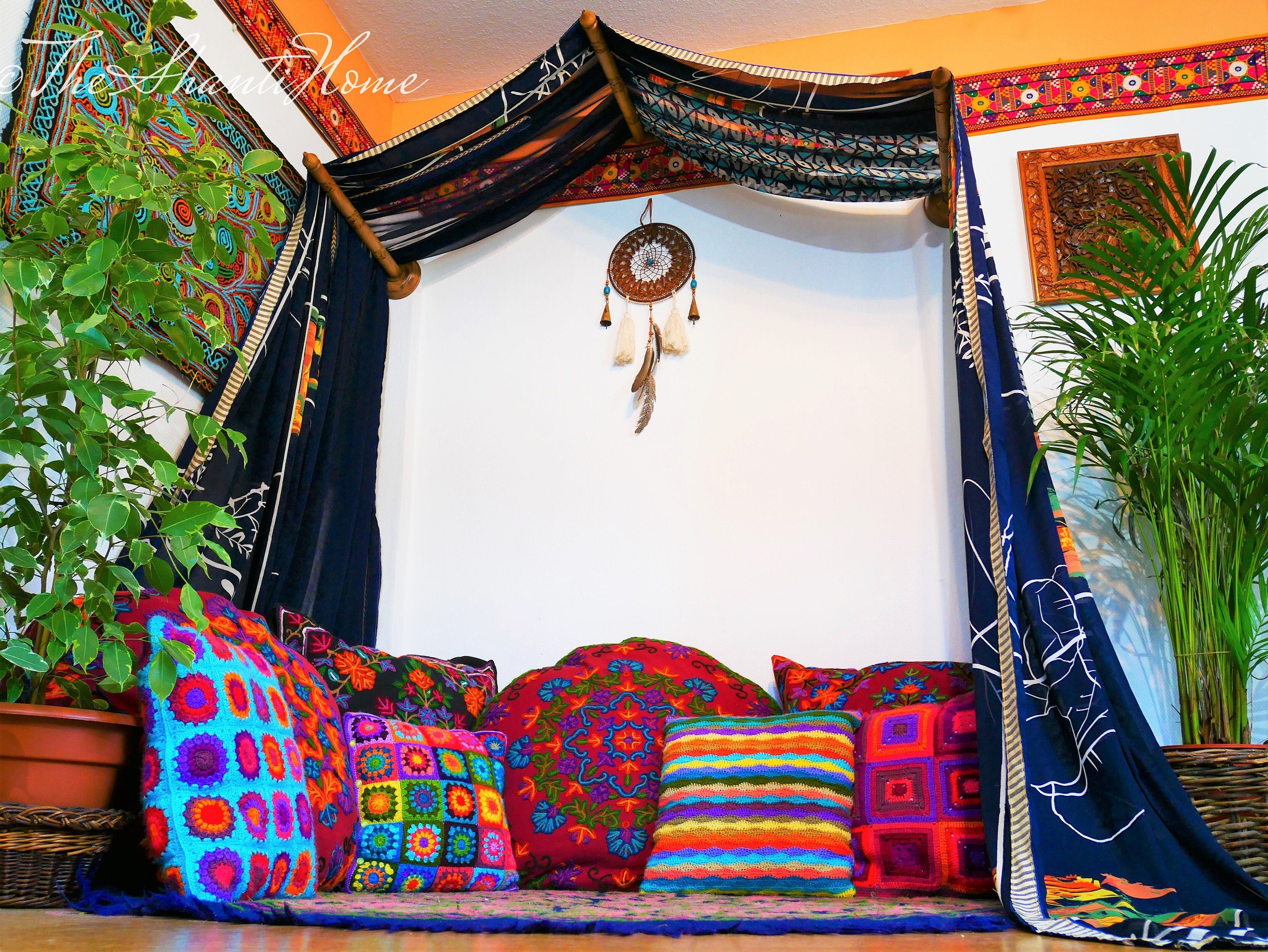 Saree Bed canopy - dark blue - with handcrafted walnut wood rods - The Shanti Home