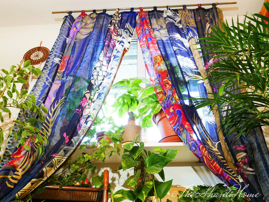 Patchwork-Sari-Vorhang | Boho blau - Indische dekorative Gardinen