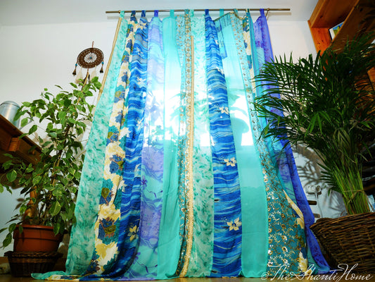 Turquoise blue curtain - Indian vintage saree curtains