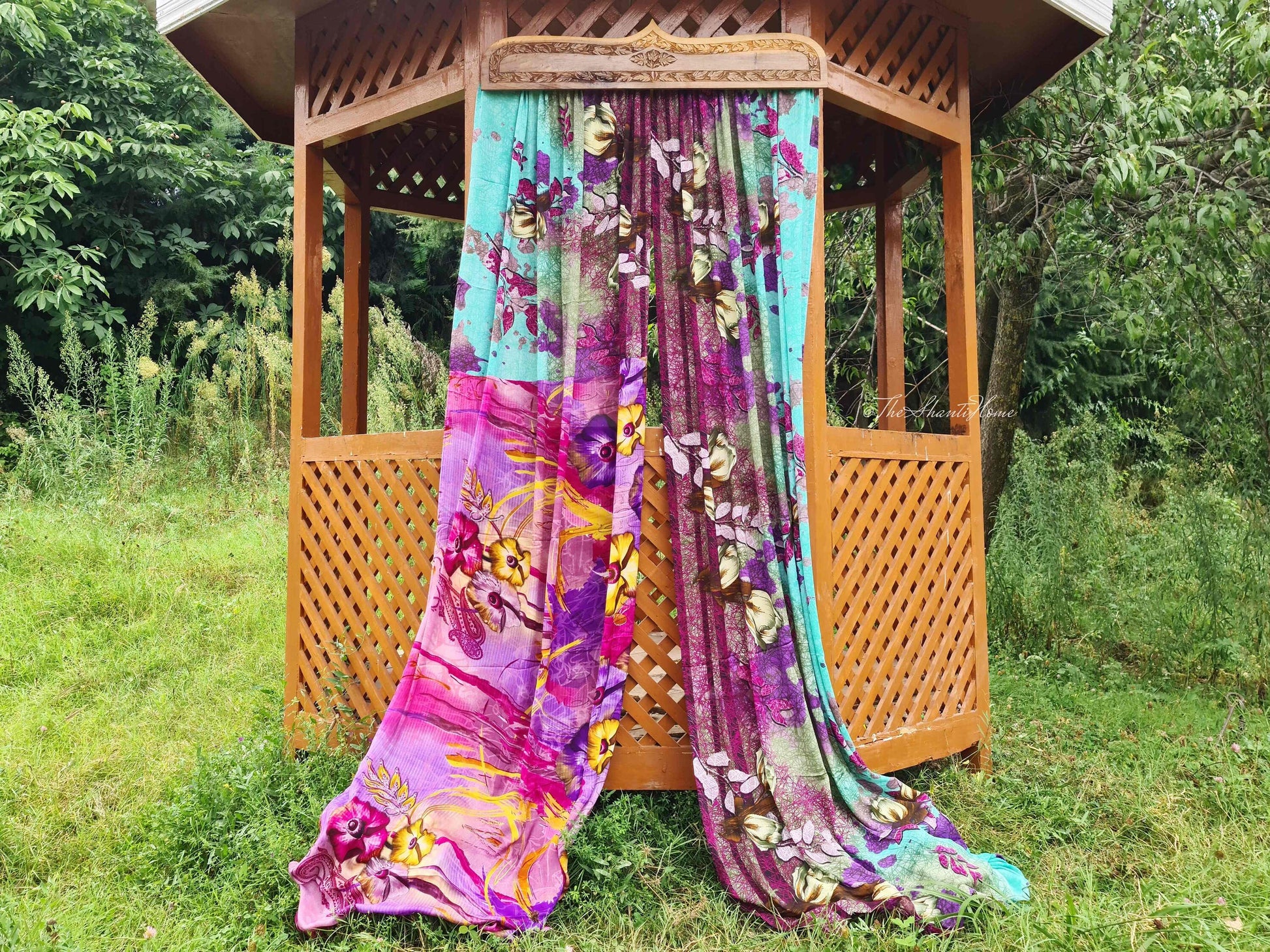 Hand carved walnut wood door topper and curtain - vintage saree bed crown- entrance decor - The Shanti Home