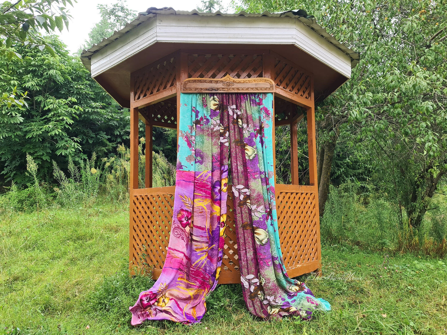Hand carved walnut wood door topper and curtain - vintage saree bed crown- entrance decor - The Shanti Home