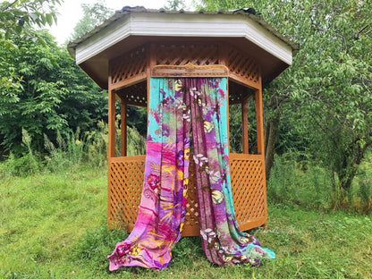 Hand carved walnut wood door topper and curtain - vintage saree bed crown- entrance decor - The Shanti Home