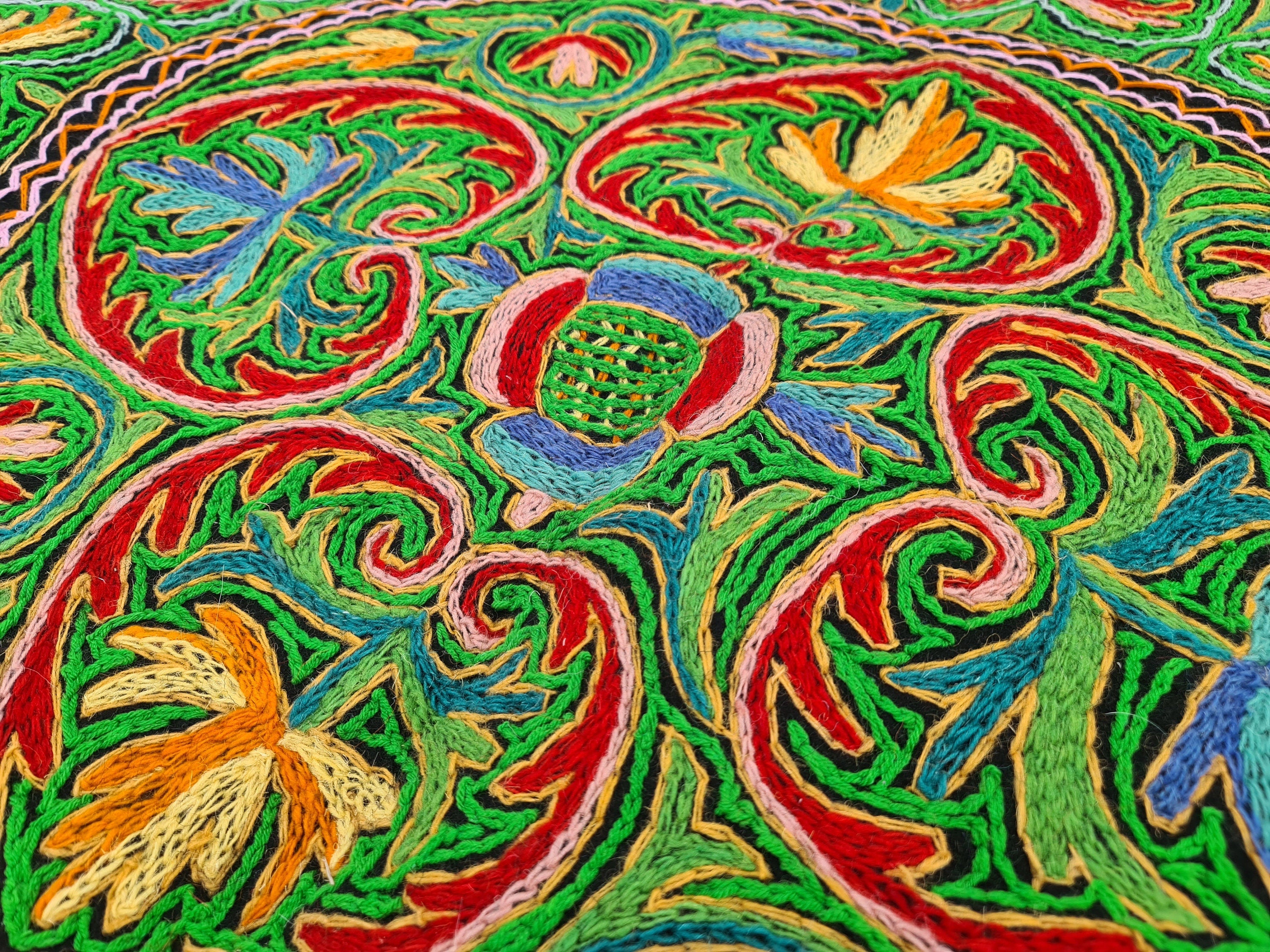 Large round rug - boho wool rug | 5 ft "Namda" from Kashmir hand felted and embroidered | soft Indian area rug - bohemian bedroom carpet - The Shanti Home