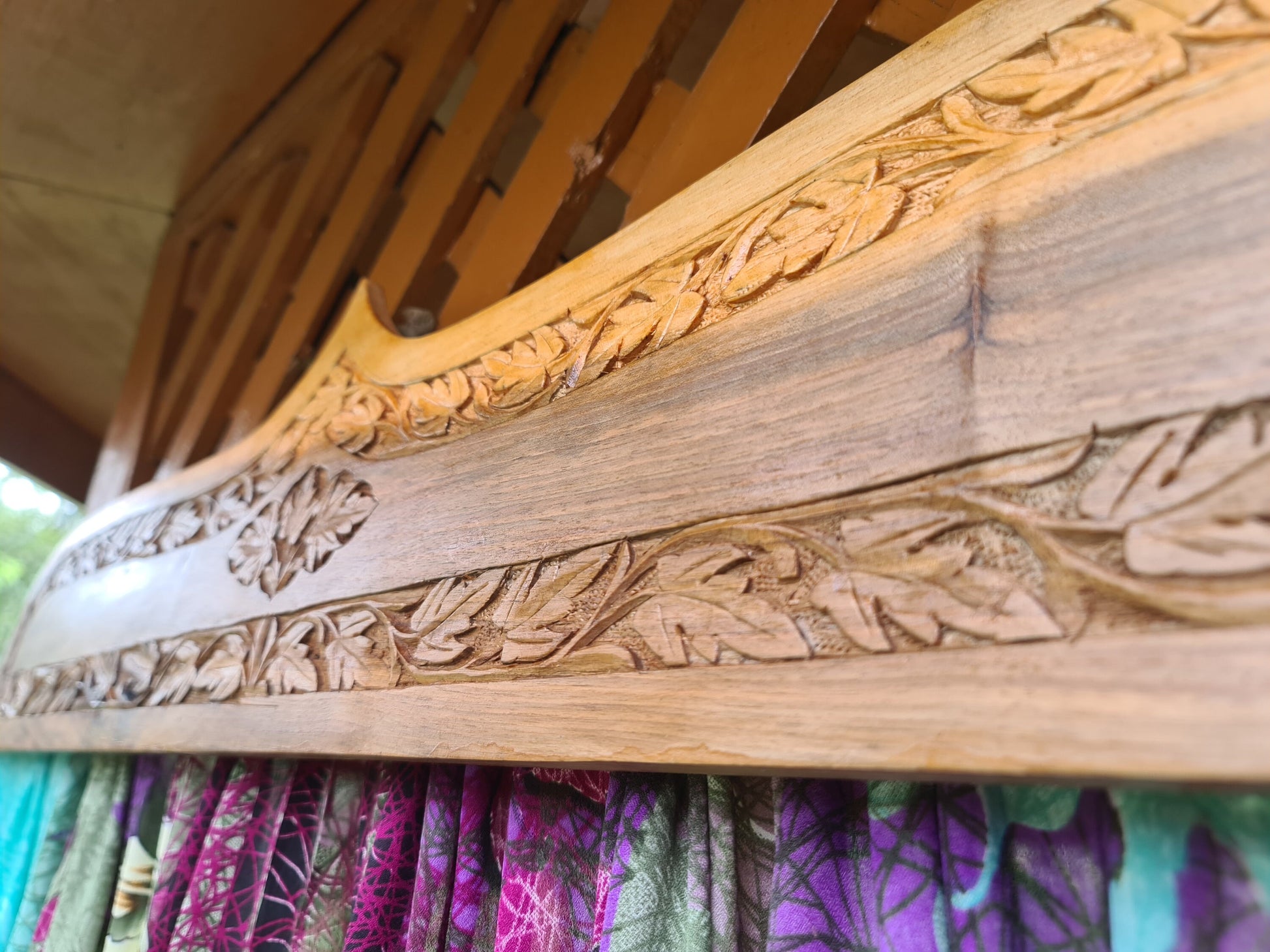 Hand carved walnut wood door topper and curtain - vintage saree bed crown- entrance decor - The Shanti Home