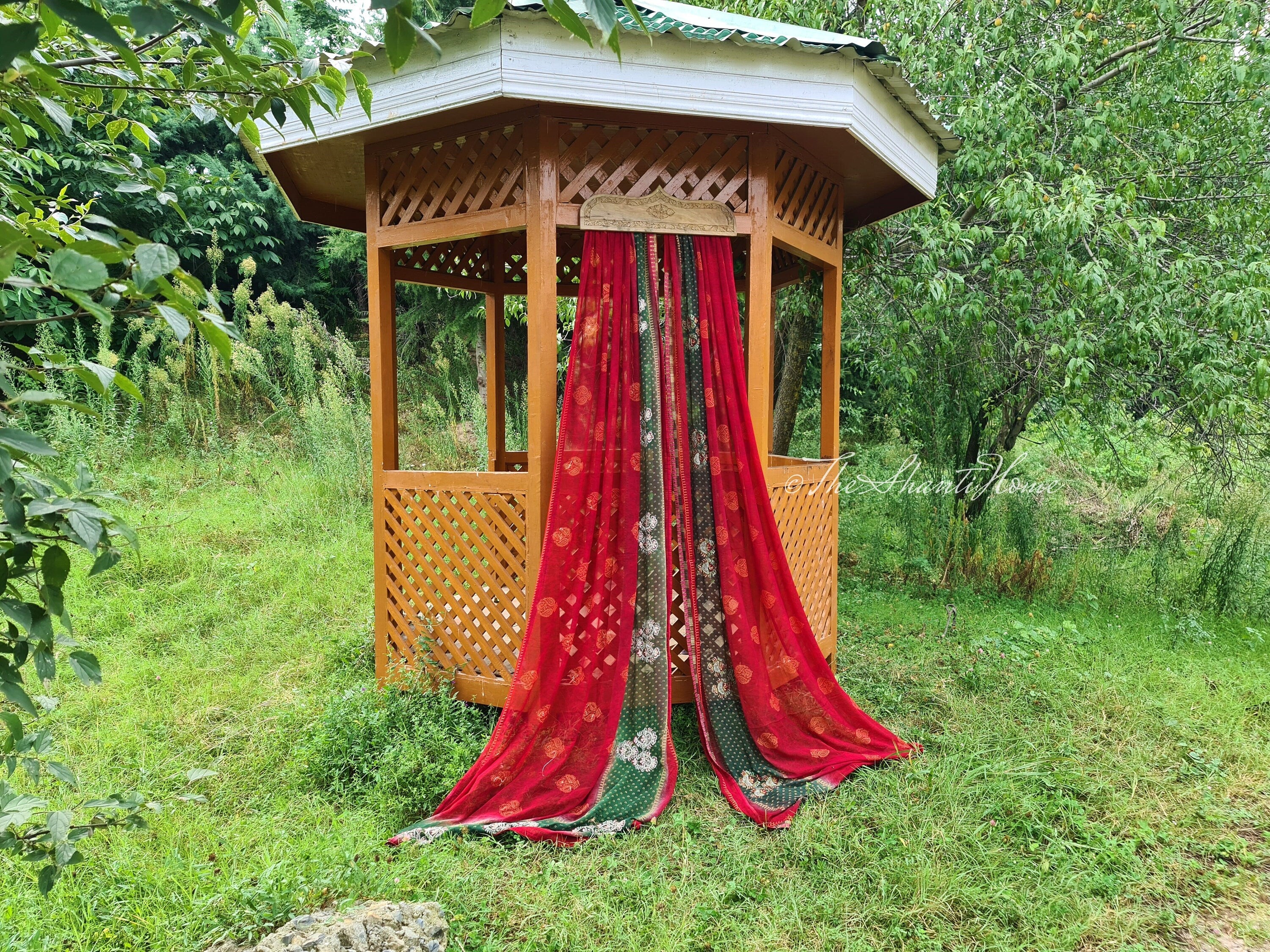 Boho doorway curtain Kashmiri hand carved walnut wood doorway topper with vintage Indian saree - The Shanti Home