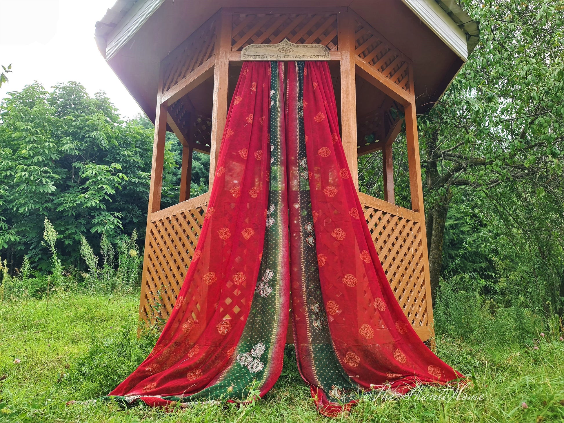 Boho doorway curtain Kashmiri hand carved walnut wood doorway topper with vintage Indian saree - The Shanti Home