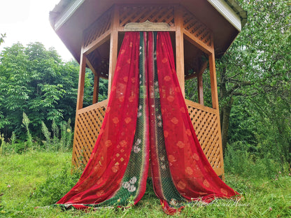 Boho doorway curtain Kashmiri hand carved walnut wood doorway topper with vintage Indian saree - The Shanti Home