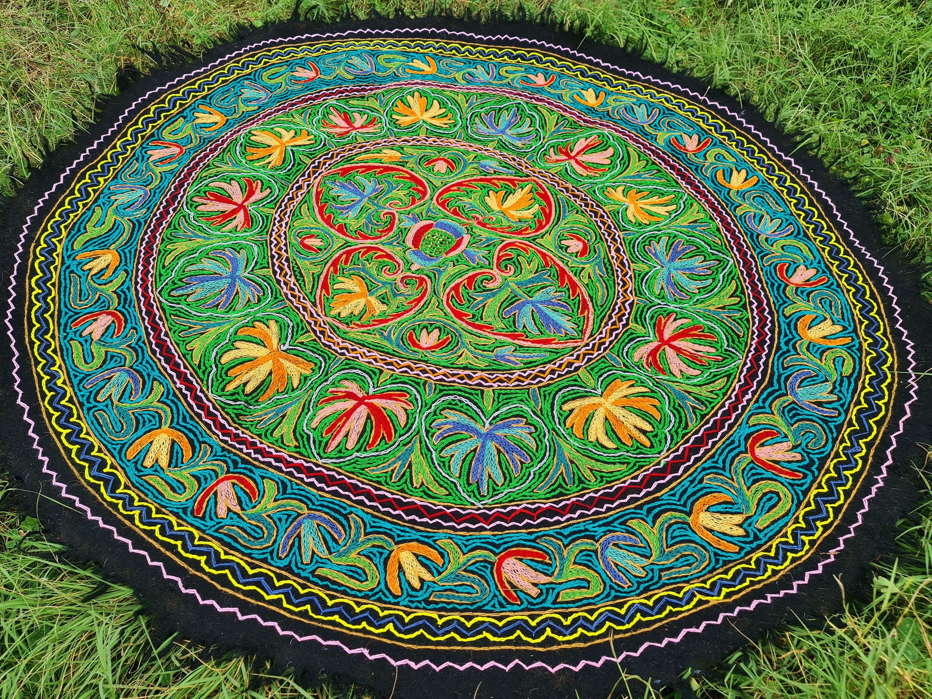 Large round rug - boho wool rug | 5 ft "Namda" from Kashmir hand felted and embroidered | soft Indian area rug - bohemian bedroom carpet - The Shanti Home