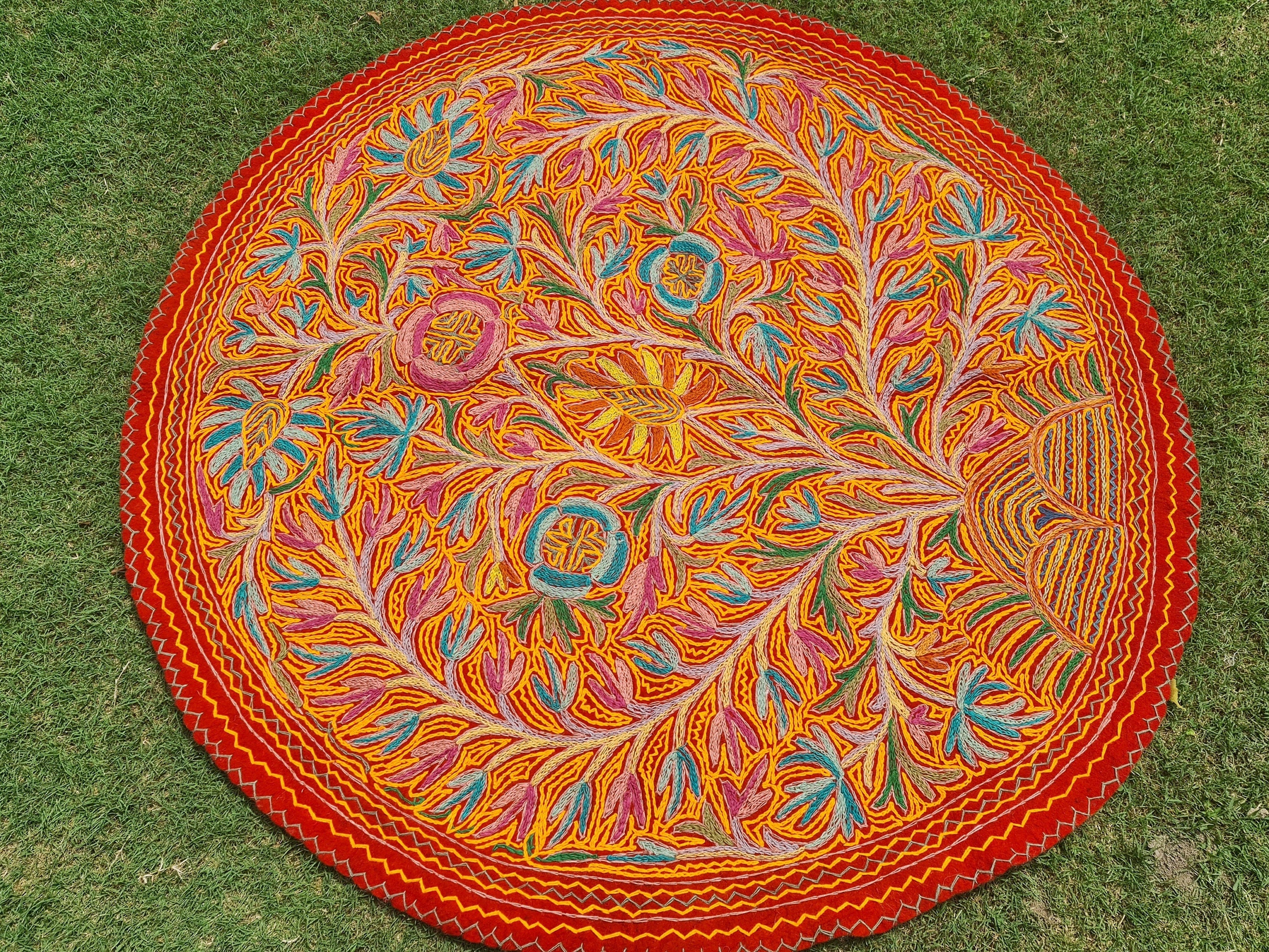 Round rug 5 ft boho wool rug "Namda" from Kashmir hand felted and embroidered - The Shanti Home