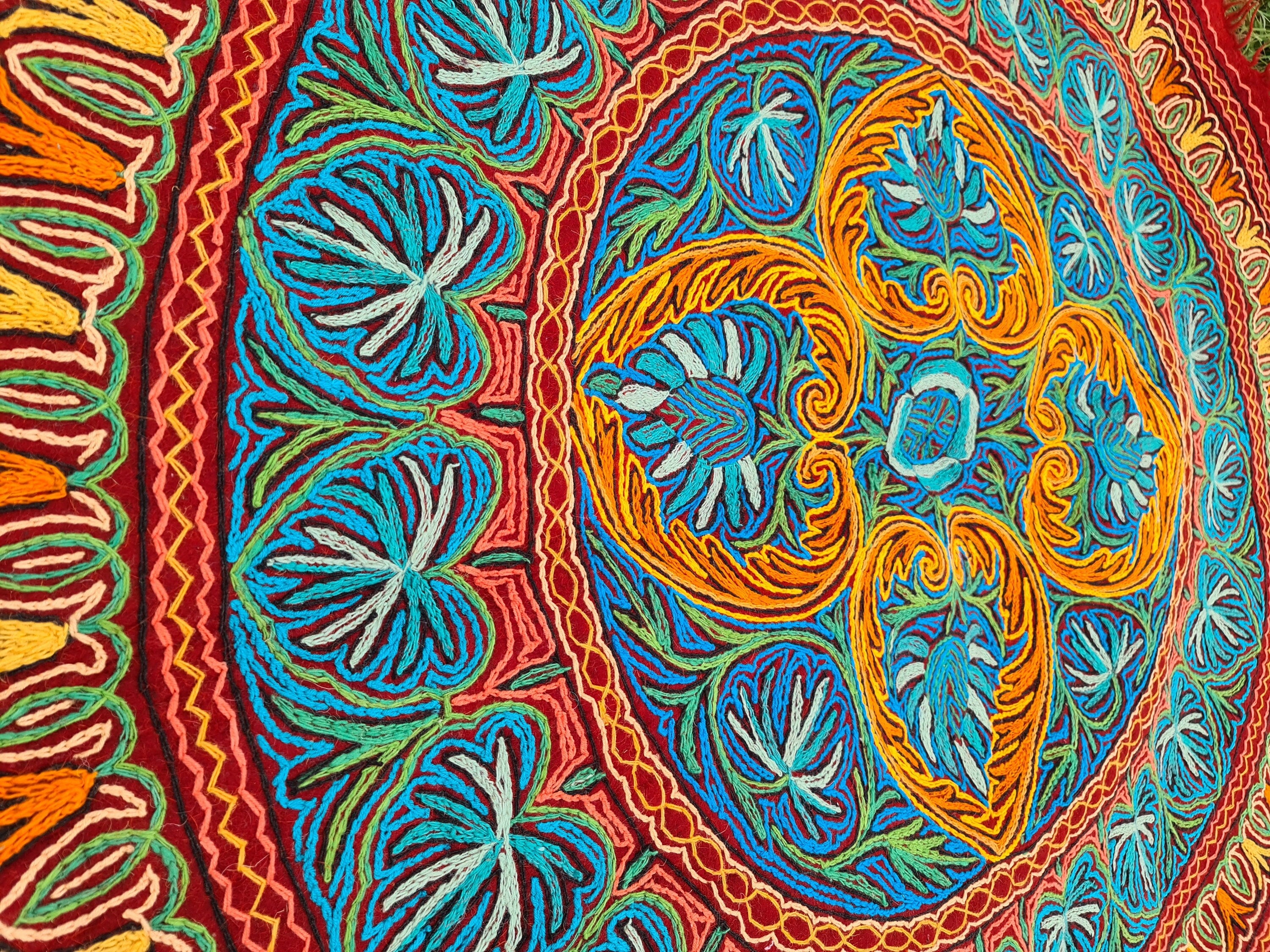 5 ft "Namda" from Kashmir "Shanti Mandala" large round rug hand felted and embroidered | soft Indian area rug - bohemian bedroom carpet - The Shanti Home