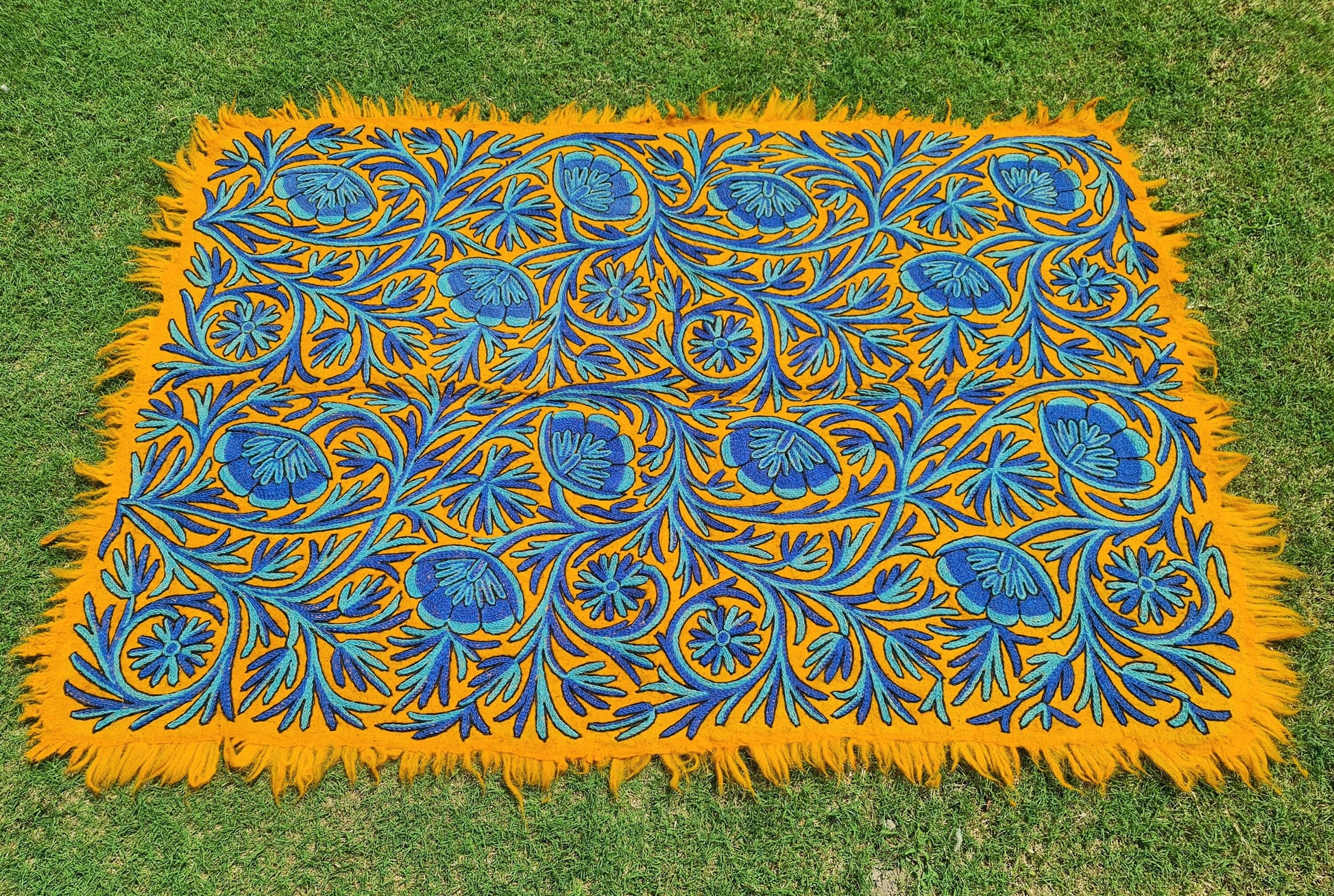 Wool rug - boho area rug 6x4 | hand felted Kashmiri "Namda" Orange Flower - The Shanti Home